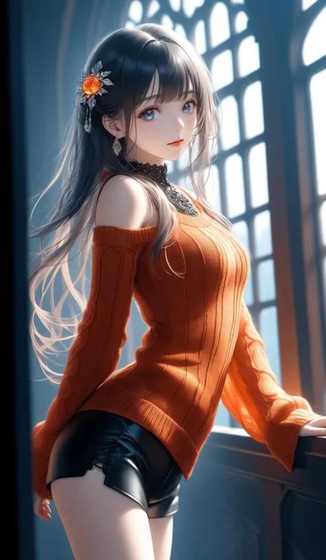 a woman in an orange sweater and black shorts posing for a picture