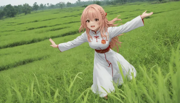 anime girl in white dress standing in a field of green grass