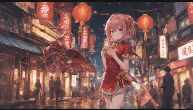 anime girl in red dress holding umbrella in a city street