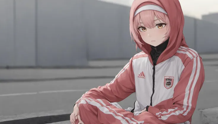 anime girl sitting on curb with pink hoodie and white tracksuit