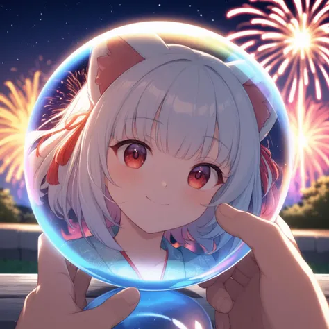 a close up of a person holding a ball with fireworks in the background