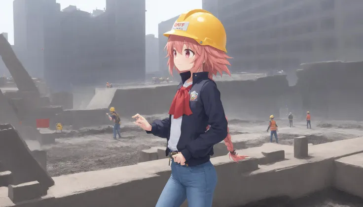 anime girl in a hard hat standing in a construction site