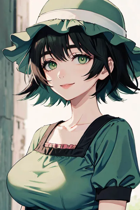 mayuri shiina, (black hair:1.5), (green eyes:1.5), messy hair, short hair, hat, blue hat,
(best quality, masterpiece, RAW photo,ultra-detailed:1.2), <lyco:GoodHands-beta2:1.0>,1girl,solo,looking at viewer,smile,
<lyco:mayuritest:0.9> bust shot,large breast...