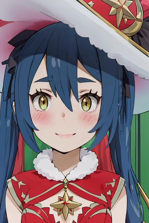 anime girl with blue hair wearing a large hat and red dress