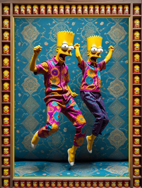 Complex Hideous Bart Simpson, Jumping in a Antique store, background, vivid colors, patterns, intricate designs, colorful, rich colors, <lora:Hassan_Hjjaj_Style:0.8> the, hassan, and, hjjaj, style