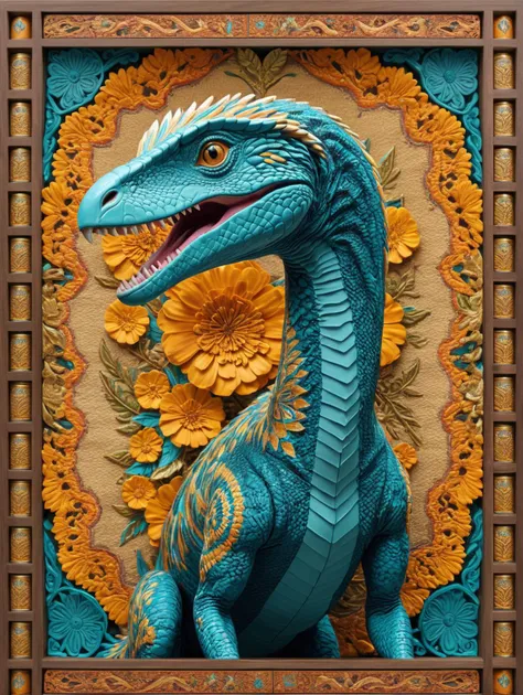 Brilliant Marigold, Teal and Beige Velociraptor, breathtaking, award-winning, professional, highly detailed, vivid colors, intricate designs, colorful, patterns, intricate, rich colors, <lora:Hassan_Hjjaj_Style:0.8> hassan, hjjaj, style