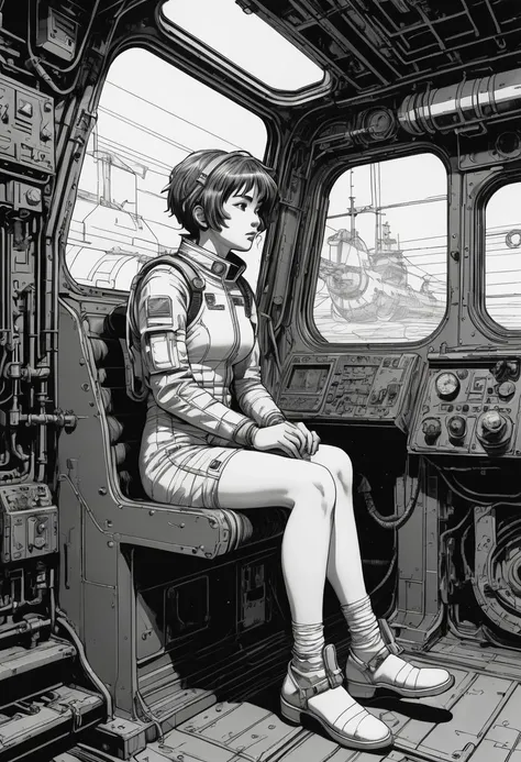 Black and white lineart 90s vintage manga, a woman with short hair in shorts sitting in a submarine cockpit, wearing a ripped spacesuit armor. Detailed art, super fine line art 90s vintage, bulma, looking out the window, ghibli, moebius, tsutomu nihei. Pow...