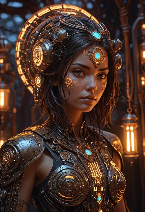  concept art biomechanical gypsey female, adorned with glowing circuitry, dark chestnut shag haircut, curious determined expression, showing off futuristic wearable technology, quantum art and sculpture gallery, nano-enhanced thermal insulation, lanterns w...