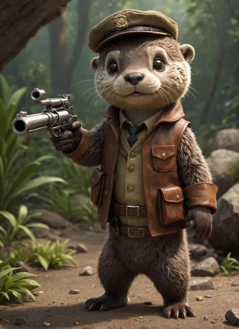 Adventurer atmosphere,Pixar style,baby otter,Explorer,Takes a vintage revolver and shoots you