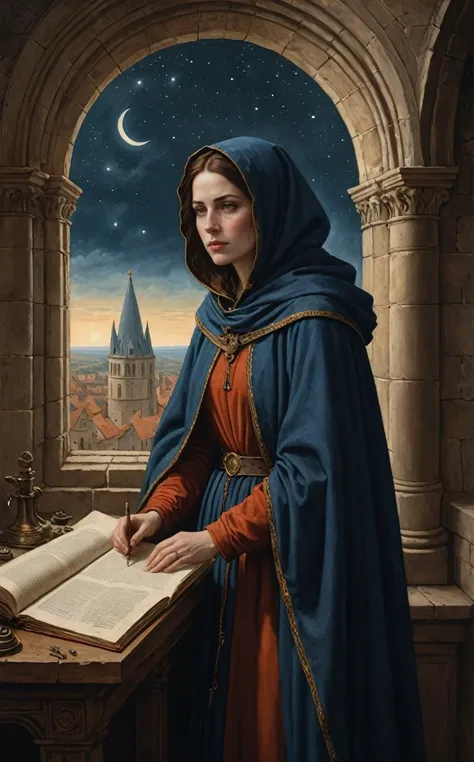 (Astronomer in a Medieval Observatory, 12th Century:1.4), A woman in her late 30s, with an intelligent gaze, her physique slender, suggesting a life spent more in study than in physical labor. Her hair is black, often covered with a hooded cloak over her r...