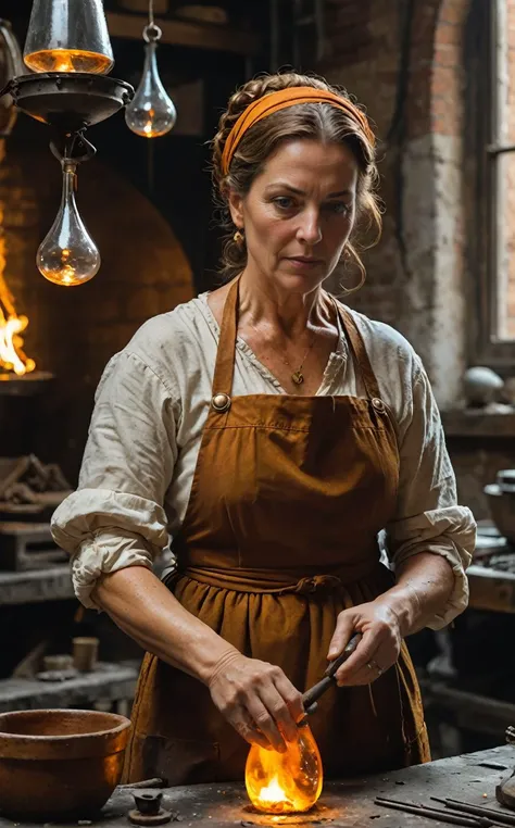 (Venetian Glassblower in Murano, 16th Century:1.4), In her early 40s, the artisan has an experienced and steady hand, her hair a deep chestnut tied back to avoid the flames. She wears a simple but functional linen dress under a leather apron, protection ag...