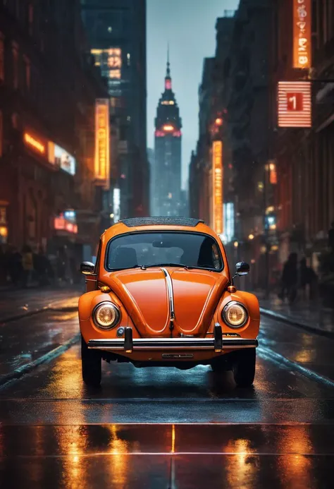 A stunning and realistic CGI rendering of a Volkswagen Beetle cruising along a bustling nighttime city street. The cars vibrant orange hue stands out against the dark surroundings, with its headlights illuminating the scene and casting a warm glow on the w...