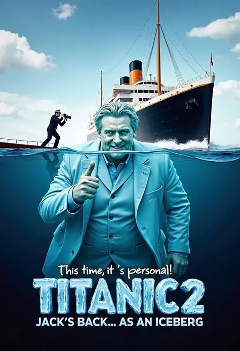 The poster shows a giant iceberg in the shape of Jack from Titanic, complete with his iconic hairstyle and outfit. He’s floating in the icy ocean, looking very confused and trying to give a thumbs-up with his frozen “ice hand.” In the background, the grand...