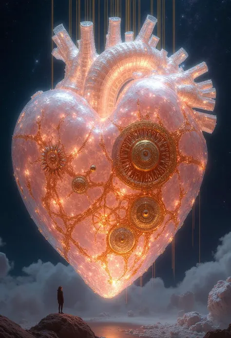 　Visualize a scene of ethereal beauty and haunting fragility infused with geometric precision and mechanical intricacy, set against a backdrop of vibrant luminosity. A giant heart, sculpted from shards of translucent crystal and interwoven with delicate ve...