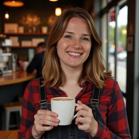 amber inside a coffee shop holding a cup of coffee