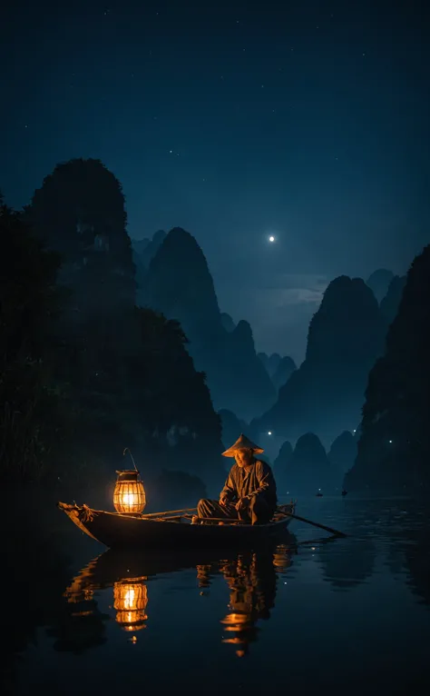 cinematic photo An old Yangshuo cormorant fisherman on his bamboo boat lit by a lantern fishing in the distant waters at night, photo, award winning photo, 8k, orange and blue tones . 35mm photograph, film, bokeh, professional, 4k, highly detailed