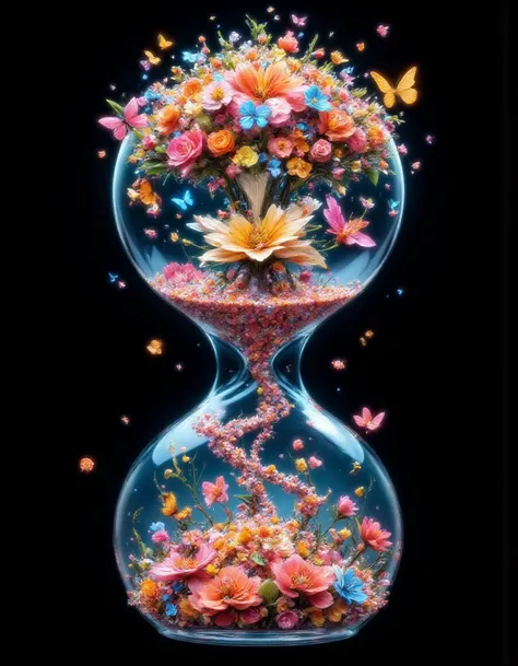 The image shows a fantastic and abstract piece of art. It resembles an hourglass, where the upper and lower parts are connected by a thin stream. The top features large flowers and butterflies surrounded by lots of small details and vibrant colors. There a...