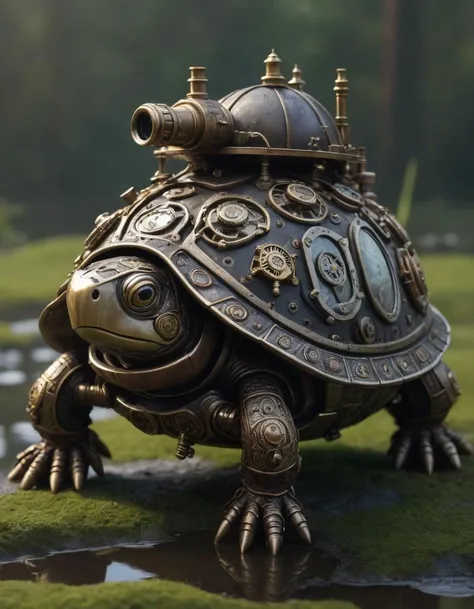 a steampunk turtle, solo, small, swamp,