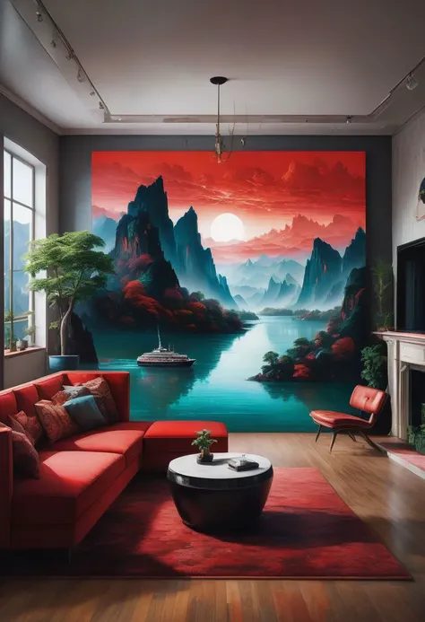 a photograph of a river flowing out of a painting on a living room wall. The painting depicts a serene river between mountains, with a ship gently bobbing in the water. The river spills over a futuristic red couch and the wooden floor, merging the world of...