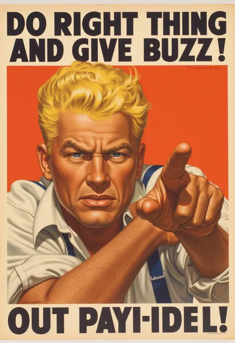 angry blonde handsome man pointing at viewer,<lora:WW2_Propaganda-000010:1>,ww2proplora,propaganda poster, text:"DO THE RIGHT THING AND GIVE BUZZ!"