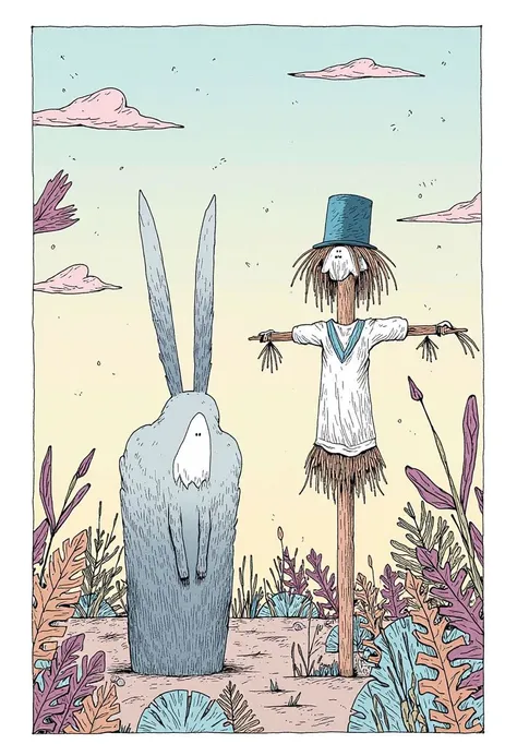 benelia style, sketch, simple design, 
A clever bunny stands beside a funny-looking scarecrow it has built to protect its crops. The scarecrow is made of straw and old clothes, standing tall with a big hat, while birds in the sky are flying away, scared. T...