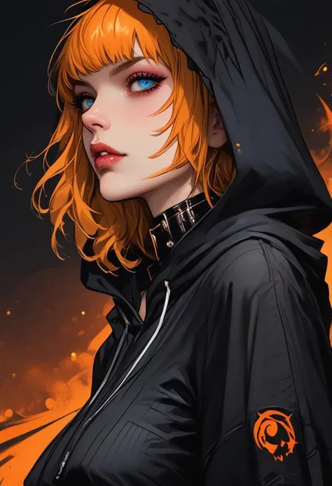 score_9, score_8_up, score_7_up, score_6_up, 
Using the colors red, orange, and yellow create a Realistic and highly detailed painting of a blue eyes goth girl wearing a delicate and feminine mantle and a hood. She is skinny with large breasts, small waist...