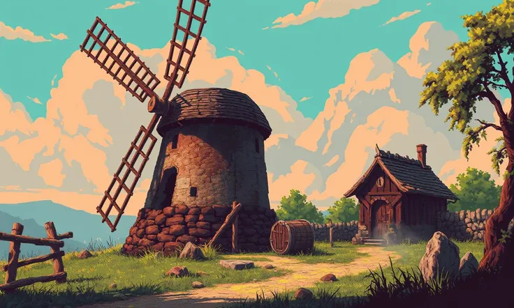 Glitchcore Art Style, retro game art pixel-art. In an early-medieval setting.
A dilapidated windmill on the outskirts of a village, its sails creaking as they slowly turn. The millstone inside grinds grain into flour, though the millerâs family looks wor...