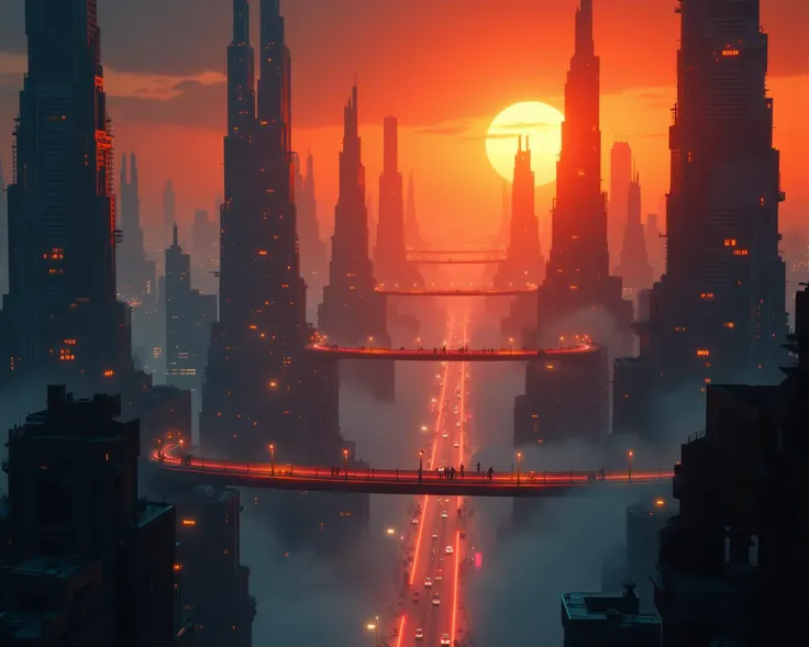 A surreal, dreamlike cyberpunk skyline where colossal skyscrapers are connected by glowing energy bridges. The city is bathed in a glowing, bioluminescent mist. Blade Runner. orange sky