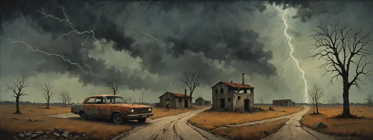 (style of Catherine Hyde:1.4), surreal, dreadful, illustration, a night panorama of post-apocalypse rural place with no people, road, (concrete ruins:1.2), rusted broken car, night, darkness, clouds, lightning, dead trees, wasteland, from side,