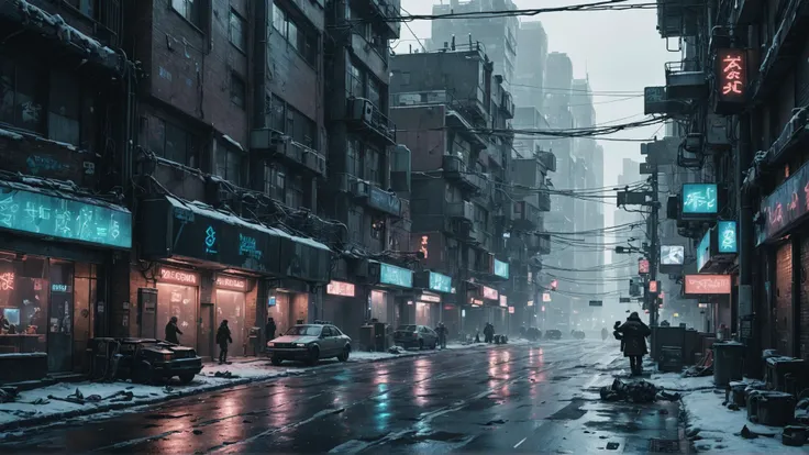 a cyberpunk street view in winter