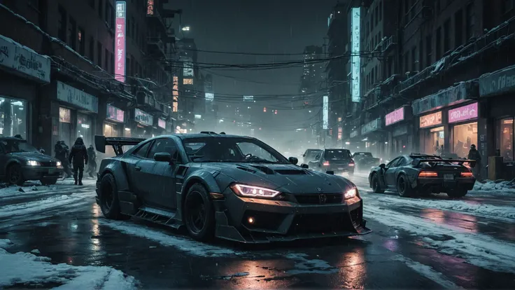 a cyberpunk street race in winter, at night