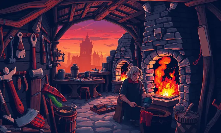 Glitchcore Art Style, retro game art pixel-art. In an early-medieval setting.
A bustling blacksmithâs forge on the outskirts of a village. Sparks fly as the smith hammers a glowing piece of iron on the anvil. Around him, tools hang on rough wooden walls,...