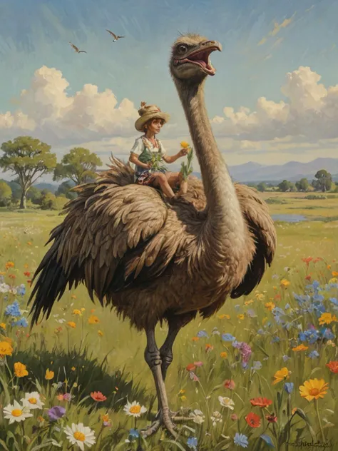  A painting of a mischievous troll riding an ostrich and holding a flower in his hand in a field of flowers, with a lot of detail in the feathers and the background. The style of the painting is very realistic, and it seems to capture the beauty and grace ...