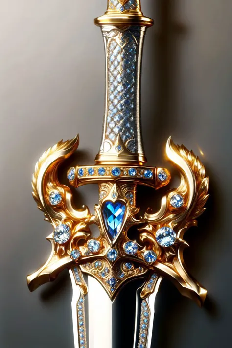 a close up of a sword with a blue stone on it