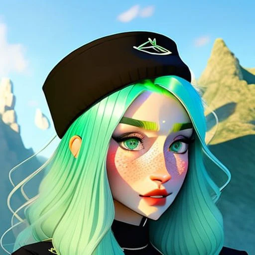 samdoesarts, a woman with green hair and a hat on her head and green eyes and a black hat, 1girl, eyelashes, face, freckles, gradient hair, aqua background, green eyes, green hair, lips, long hair, looking at viewer, nose, parted lips, portrait, simple bac...