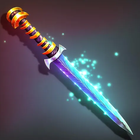 a close up of a sword with a glowing blade on it