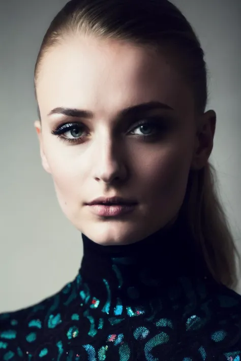 A stunning intricate full color portrait of sph, wearing a black turtleneck, epic character composition, by ilya kuvshinov, alessio albi, nina masic, sharp focus, natural lighting, subsurface scattering, f2, 35mm.<lyco:SophieTurner-RealVision-V1.0:1.0>