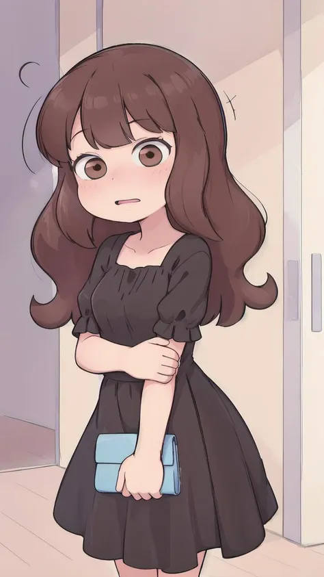 a cartoon girl in a black dress standing in front of a door