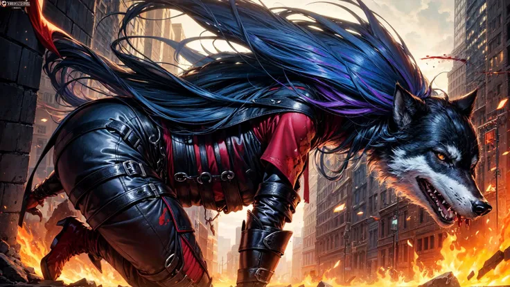 masterpiece,best quality,official art,extreme detailed,colorful,highest detailed,1 wolf lady,red/blue color hair,lose up,(intricate detaild  knights armer),angly,dynamic pose,(blood:1.1)<lora:flat2:-1>