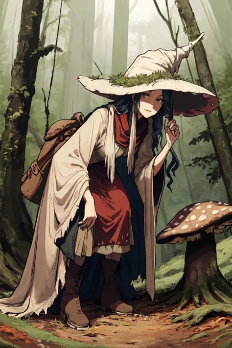 a woman druid picking mushrooms in the forest. wide brimmed pointy hat. bent over to the ground. tattered clothes, dress, shawl. strong boots. detailed face, eyes, hair.