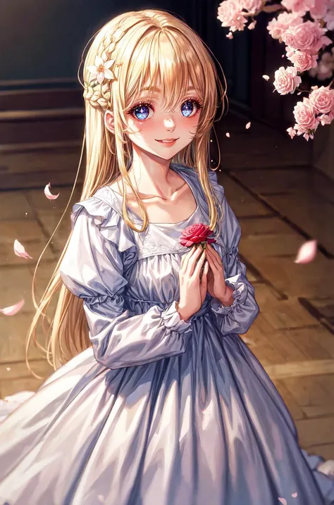 1girl, bangs, blonde hair, blue dress, blue eyes, blurry, blurry background, blurry foreground, bow, branch, cherry blossoms, collarbone, depth of field, dress, dutch angle, eyebrows visible through hair, flower, indoors, long hair, long sleeves, looking a...