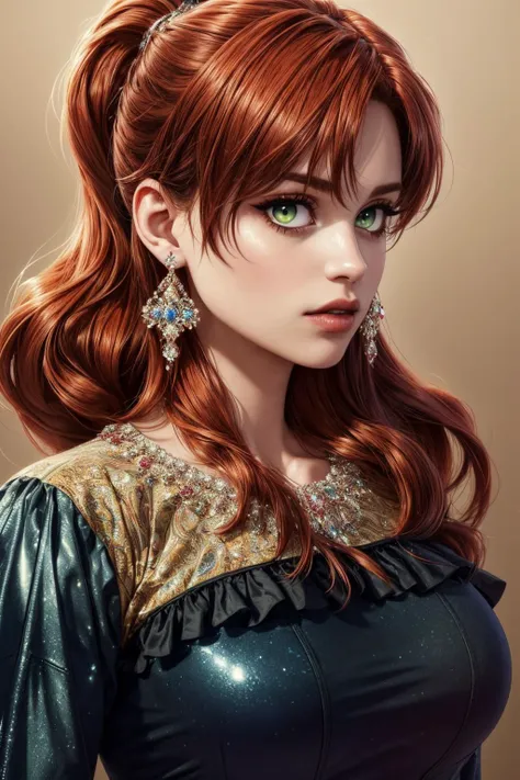 (ultra realistic,32k, masterpiece:1.2),(high detailed skin:1.1), 8k uhd, dslr, high quality,(makeup, mascara:0.9), (thicklips),
 <lora:robelia:0.8>robelia , 1girl, solo, red hair, ponytail, long hair, green eyes, earrings, jewelry, necklace, ruffle dress,,...