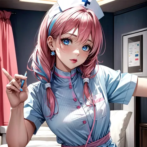 anime girl with pink hair and blue eyes posing for a picture