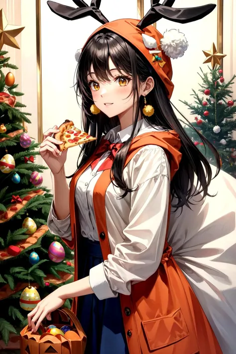 anime girl with a deer head and a pumpkin hat eating a slice of pizza