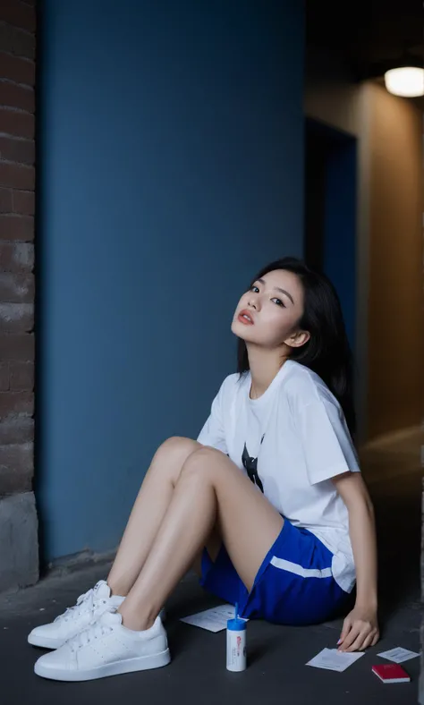 md style, young woman, Asian ethnicity, seated on ground, athletic wear, white t-shirt, blue shorts, white sneakers, papers scattered, leaning against wall, indoor setting, dark mood, somber expression, bricks visible, nighttime, natural light, candid pose...