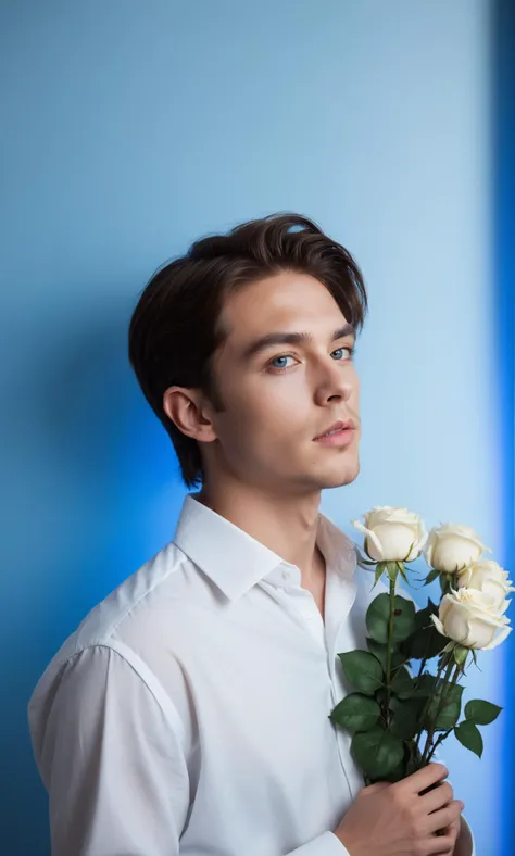 md style, male, young adult, white shirt, holding flower, white roses, eye contact, blue lighting, soft focus, portrait, fashion, stylish, light skin, brown hair, serene expression, subtle makeup, natural look, sharp features, staged photo shoot, romantic ...