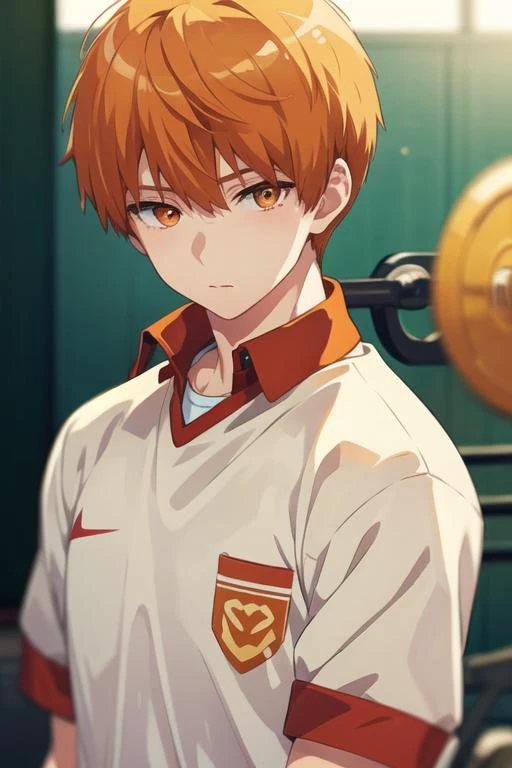 masterpiece, best quality, , 1boy, solo, male focus, looking at viewer, upper body, depth of field, <lora:tsukasa_kazuki:0.68>, tsukasa_kazuki, orange hair, orange eyes, gym uniform,