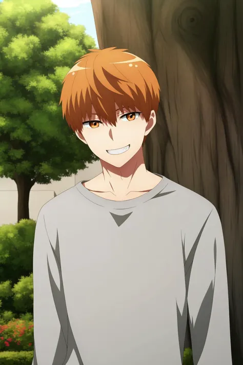 masterpiece, best quality, tsukasa_kazuki, 1boy, solo, (against tree), standing, upper body, looking at viewer, orange hair, orange eyes, grin, casual, grey sweatshirt,