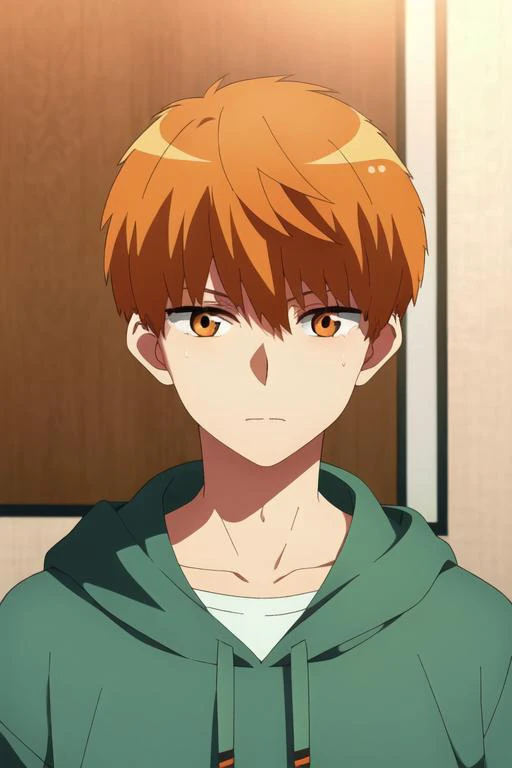 masterpiece, best quality, illustration, 1boy, solo, male focus, looking at viewer, upper body, , <lora:tsukasa_kazuki:0.74>, tsukasa_kazuki, orange hair, orange eyes, hoodie,