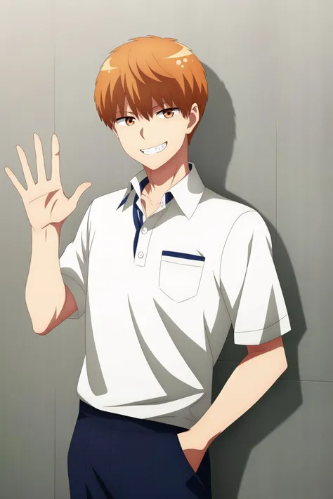 masterpiece, best quality, tsukasa_kazuki, 1boy, upper body, looking at viewer, against wall, metal wall, orange hair, orange eyes, happy, grin, white polo shirt, untucked shirt, blue pants, (hand in pocket, hand up, waving),